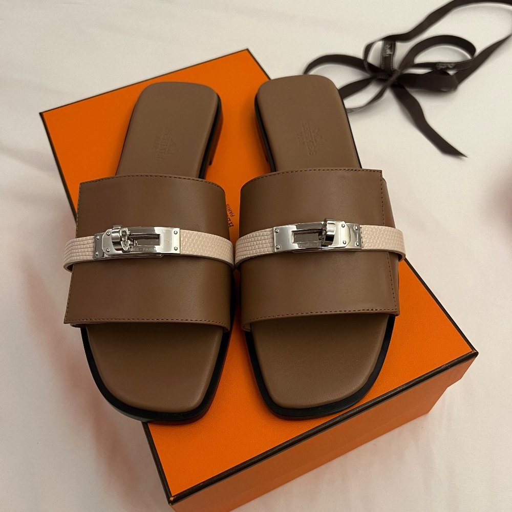 Hermes Veau Lizard Brilliant Rose Perle Giulia Sandals Sz 36 - RARE Brand New